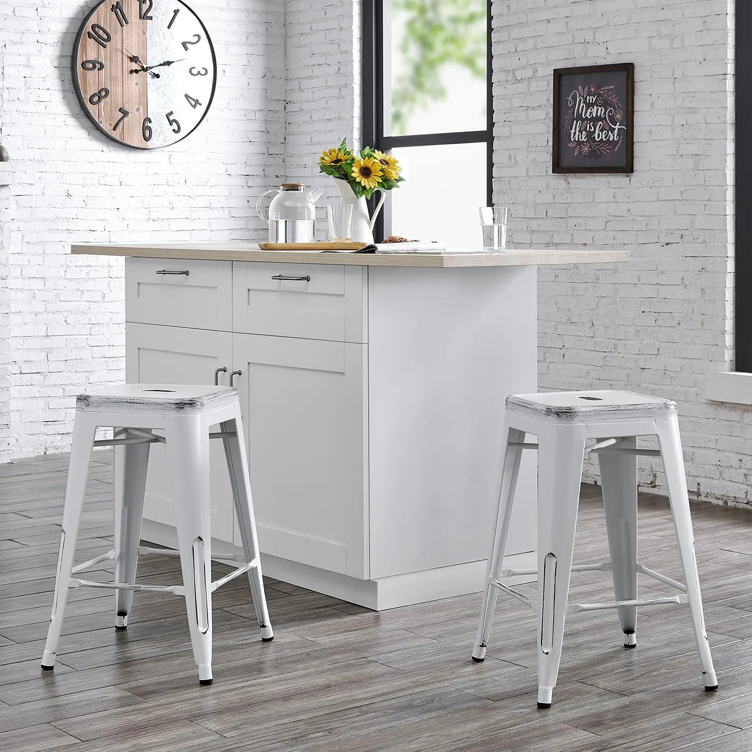 AC Pacific 24” Metal Backless Barstool Set of 2 – Country Rustic Style, Lightweight & Sturdy Build, Easy Assembly – Distressed Snow White