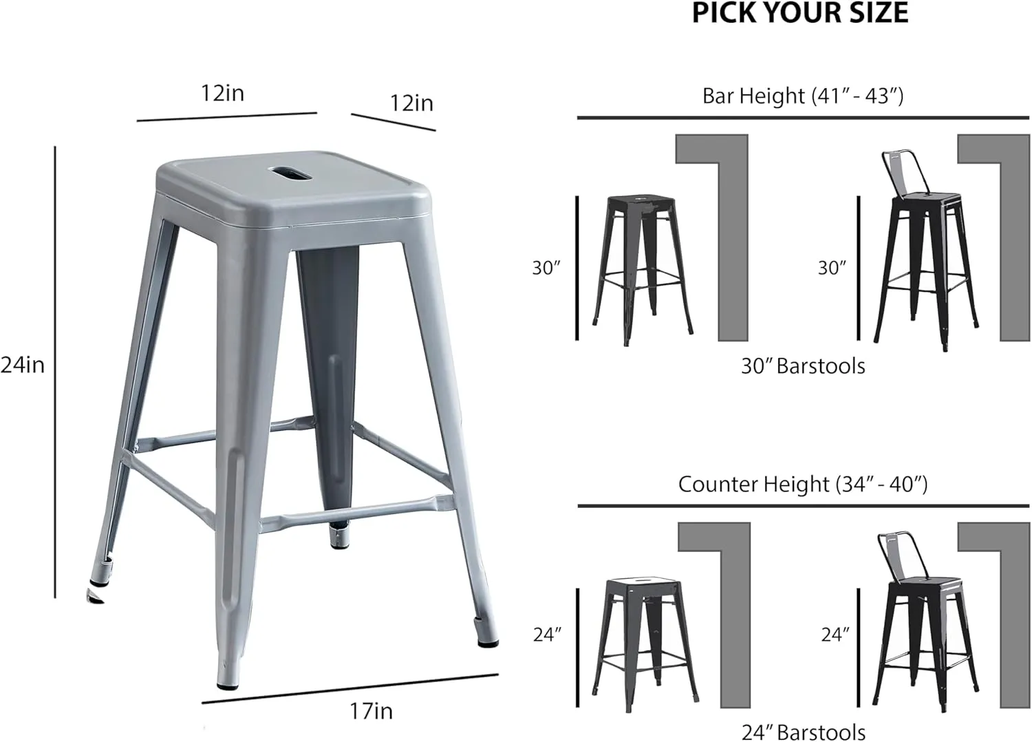 AC Pacific 24” Metal Backless Barstool Set of 2 – Country Rustic Style, Lightweight & Sturdy Build, Easy Assembly – Silver