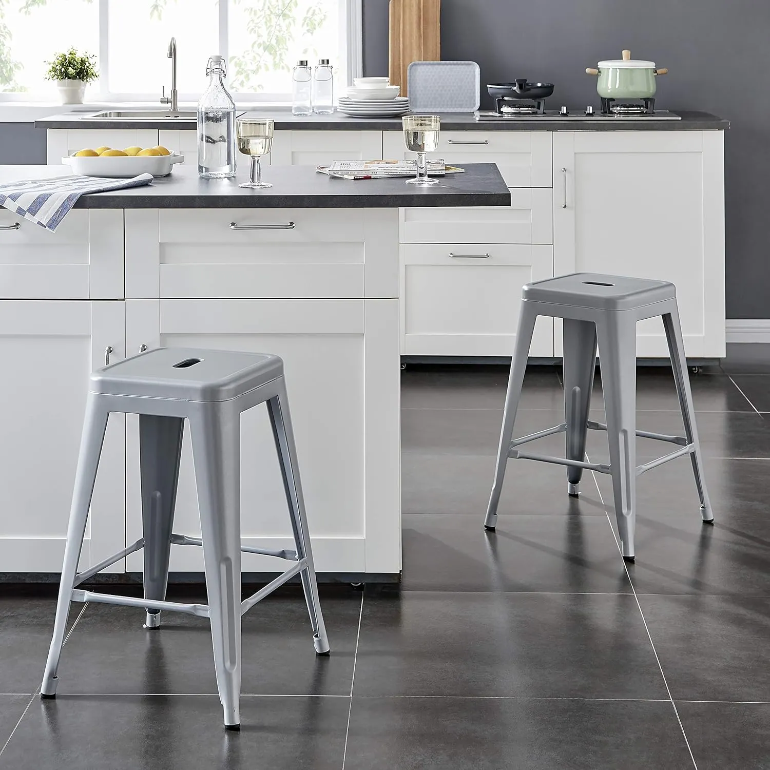 AC Pacific 24” Metal Backless Barstool Set of 2 – Country Rustic Style, Lightweight & Sturdy Build, Easy Assembly – Silver
