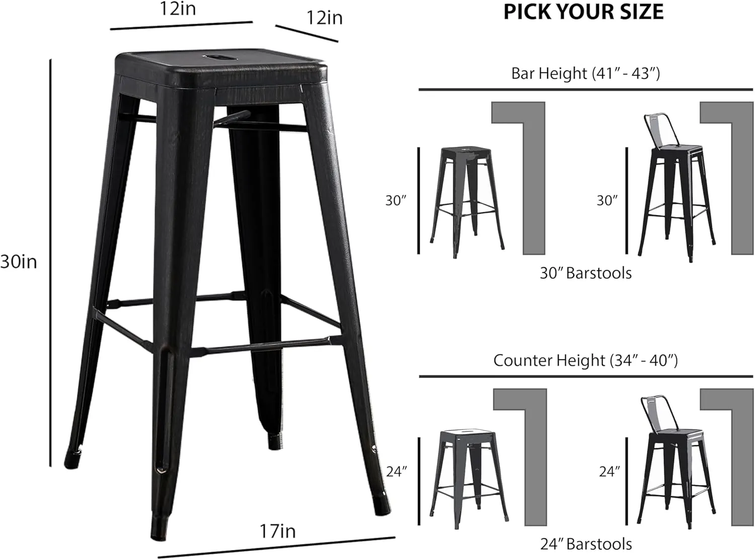 AC Pacific 30” Metal Backless Barstool Set of 2 – Country Rustic Style, Lightweight & Sturdy Build, Easy Assembly – Midnight