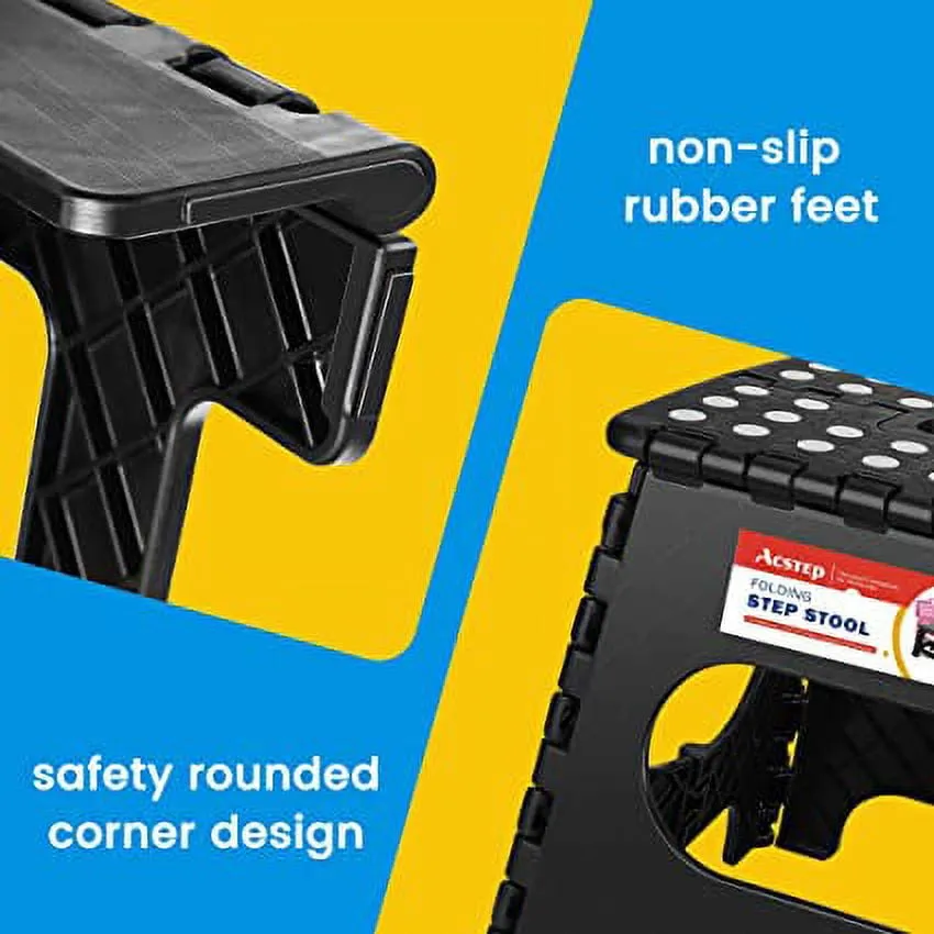 ACSTEP Step Stool 11 Inch,Tall Kids Folding Step Stool, Plastic Step Stools with Non-Slip Surface,Black