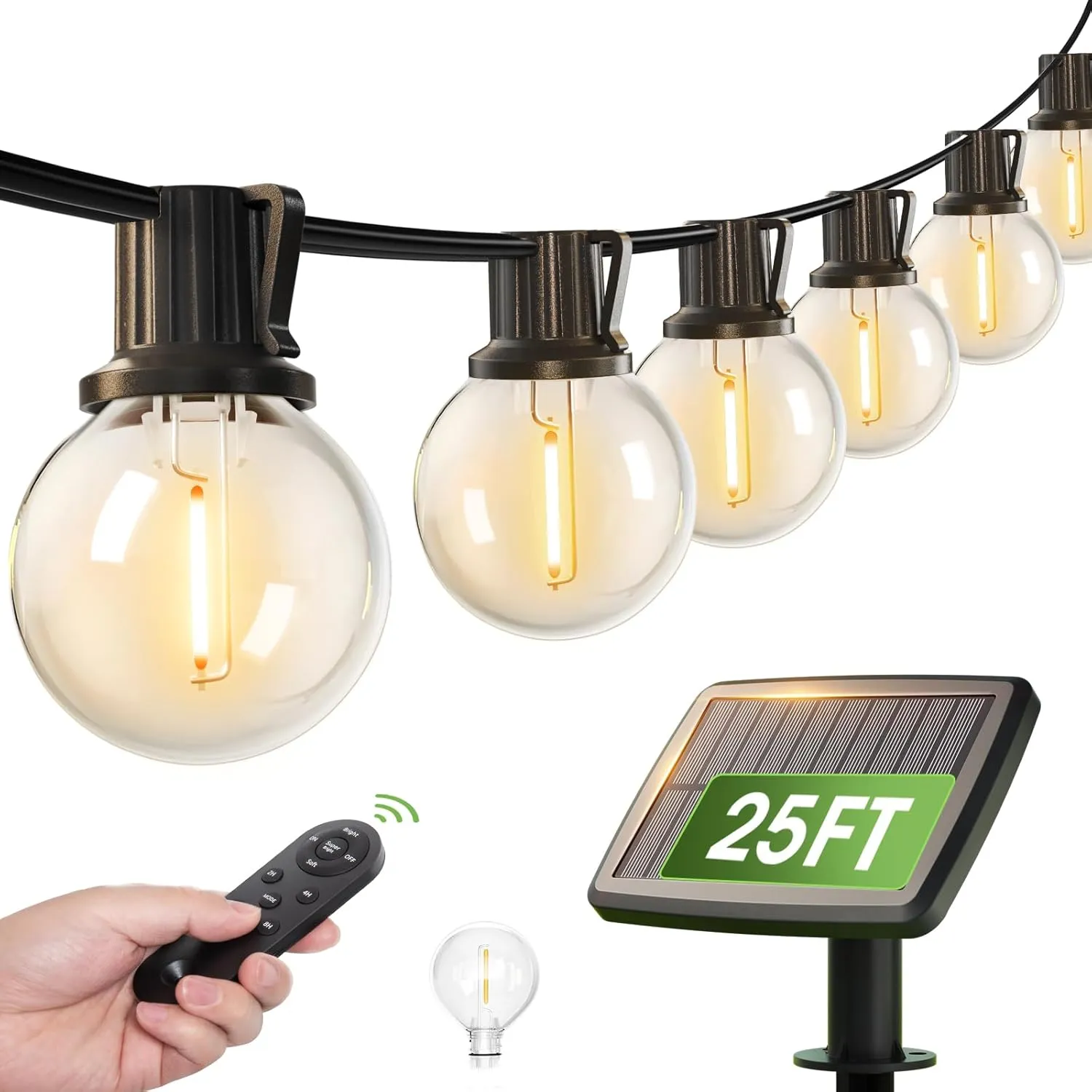 addlon 25FT Solar Powered Outdoor String Lights Waterproof with Remote, G40 Solar Powered String Lights with 13 LED Shatterproof Bulbs, 3 Light Modes, Dimmable Solar Lights for Outside Bistro Cafe
