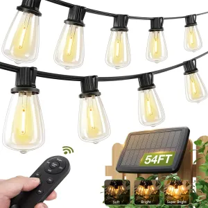 addlon 54(48 6) FT Solar String Lights Waterproof,Patio Lights Solar Powered with Remote & USB Port 15 1 LED Shatterproof Bulbs 3 Light Modes, Dimmable Solar Light for Camping Backyard Garden