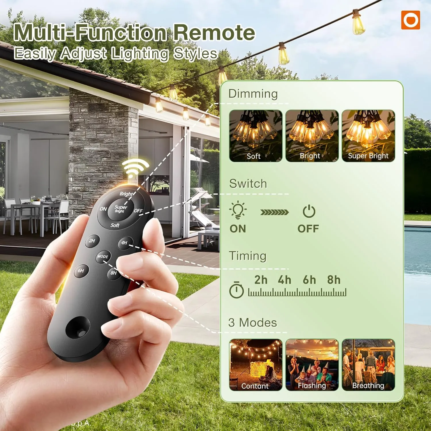 addlon 54(48 6) FT Solar String Lights Waterproof,Patio Lights Solar Powered with Remote & USB Port 15 1 LED Shatterproof Bulbs 3 Light Modes, Dimmable Solar Light for Camping Backyard Garden
