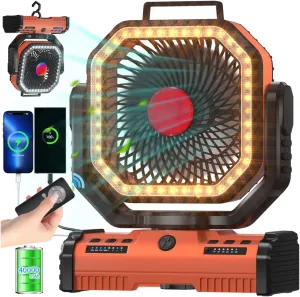 ADUST Camping Battery Operated Powered Fan with LED Lantern Light 40000mAh Rechargeable Portable Oscillating Fan with 360° Rotation Hanging Hook for Tents, Cordless USB Desk Fan(Orange)