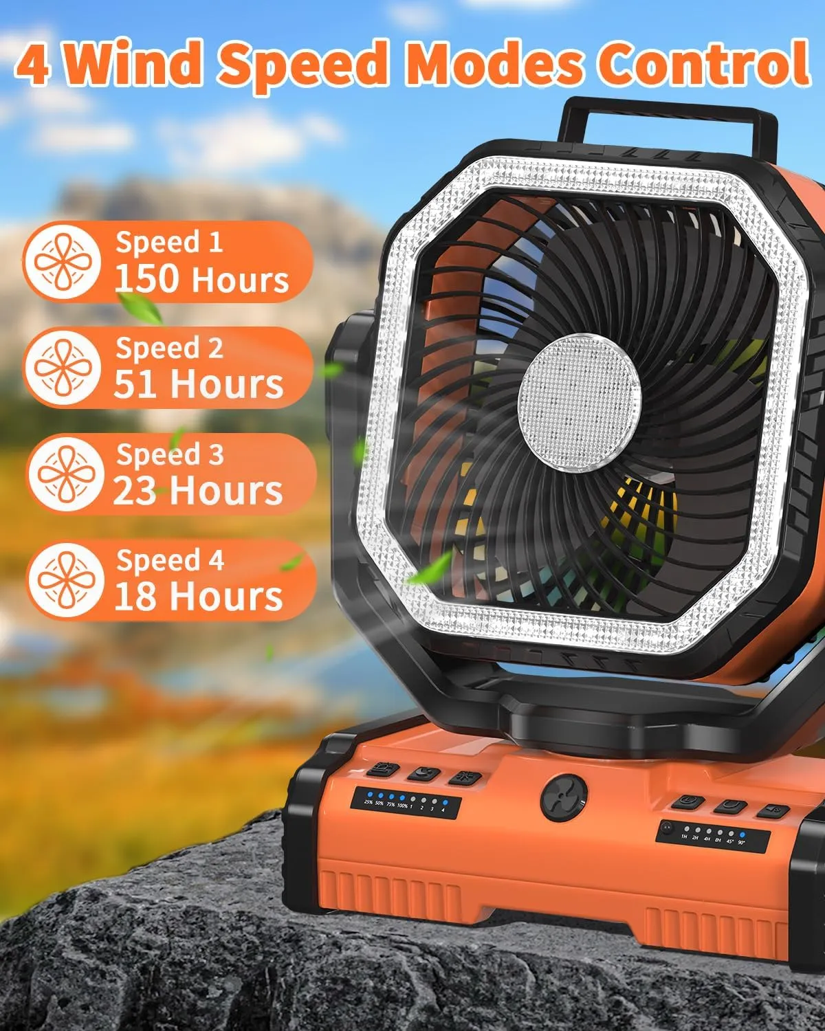 ADUST Camping Battery Operated Powered Fan with LED Lantern Light 40000mAh Rechargeable Portable Oscillating Fan with 360° Rotation Hanging Hook for Tents, Cordless USB Desk Fan(Orange)