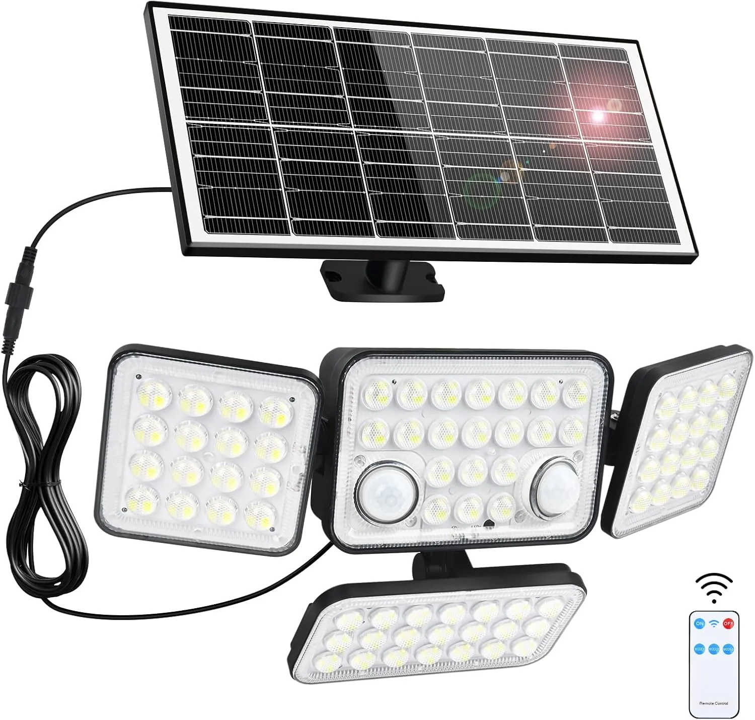 Aialun Dual Motion Sensor Solar Flood Lights Outdoor, 292 LEDs 4 Heads Split Solar Security Lights with 16.4ft Cable and Remote Control, IP65 Waterproof, 3 Mode Flood Wall Lights for Backyard, Garage