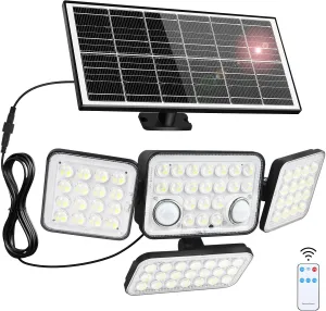 Aialun Dual Motion Sensor Solar Flood Lights Outdoor, 292 LEDs 4 Heads Split Solar Security Lights with 16.4ft Cable and Remote Control, IP65 Waterproof, 3 Mode Flood Wall Lights for Backyard, Garage