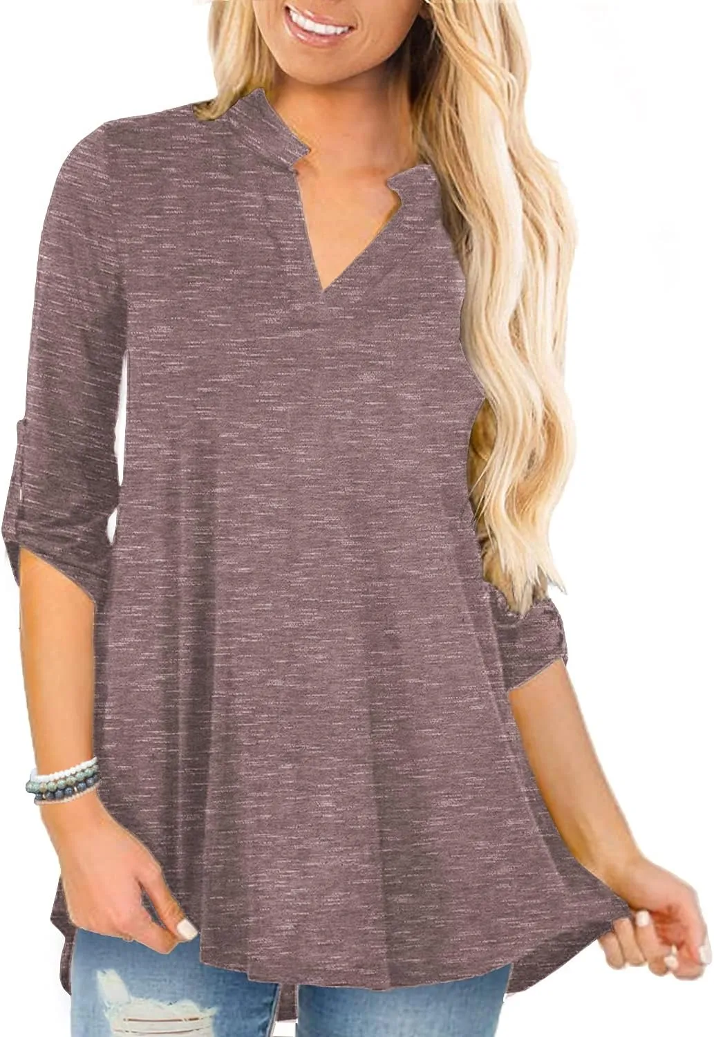 a.Jesdani Women's Plus Size Tops 3/4 Roll Sleeve Shirts V Neck Blouses Tunic Top