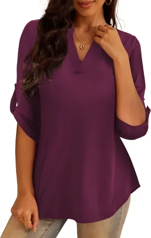 a.Jesdani Women's Plus Size Tops 3/4 Roll Sleeve Shirts V Neck Blouses Tunic Top