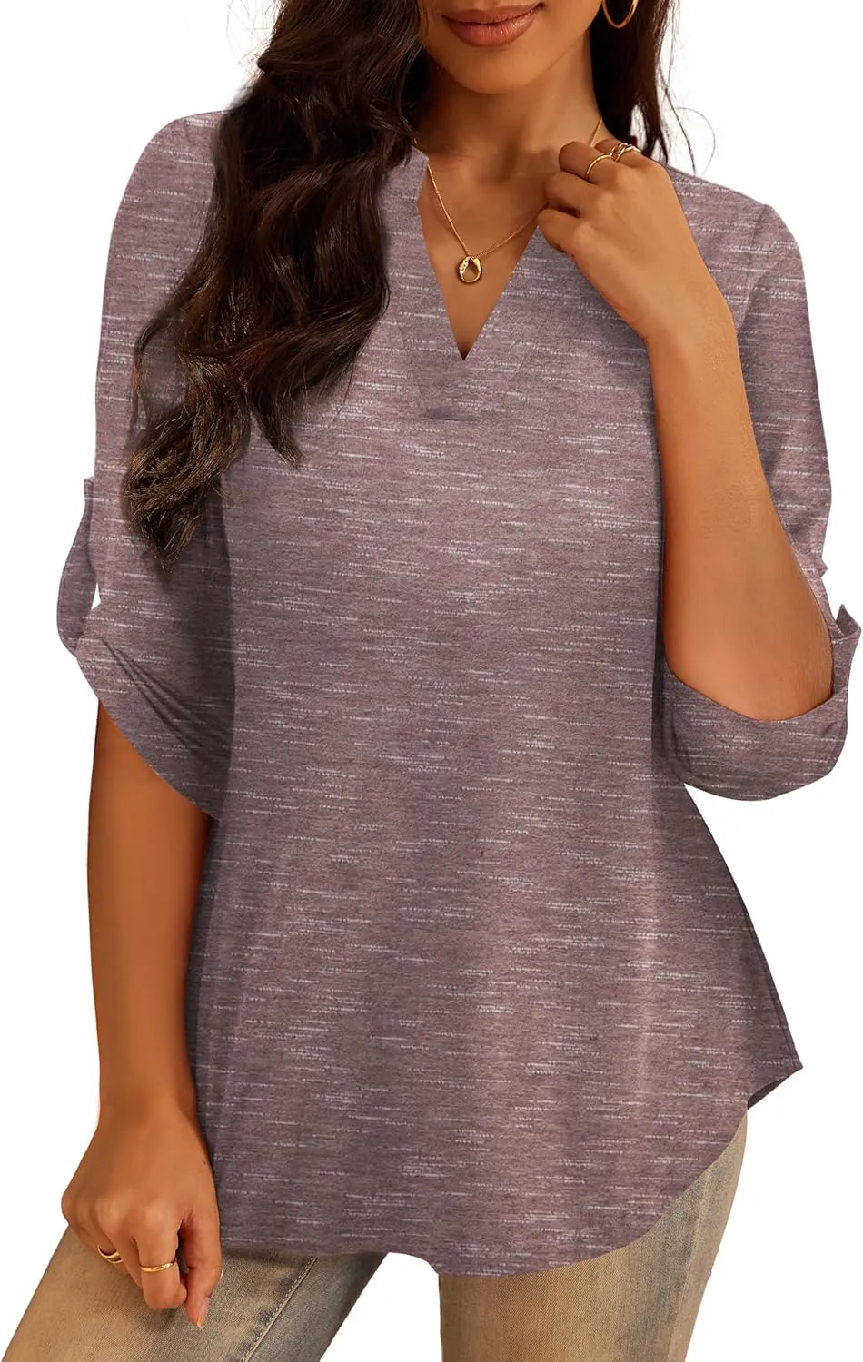 a.Jesdani Women's Plus Size Tops 3/4 Roll Sleeve Shirts V Neck Blouses Tunic Top