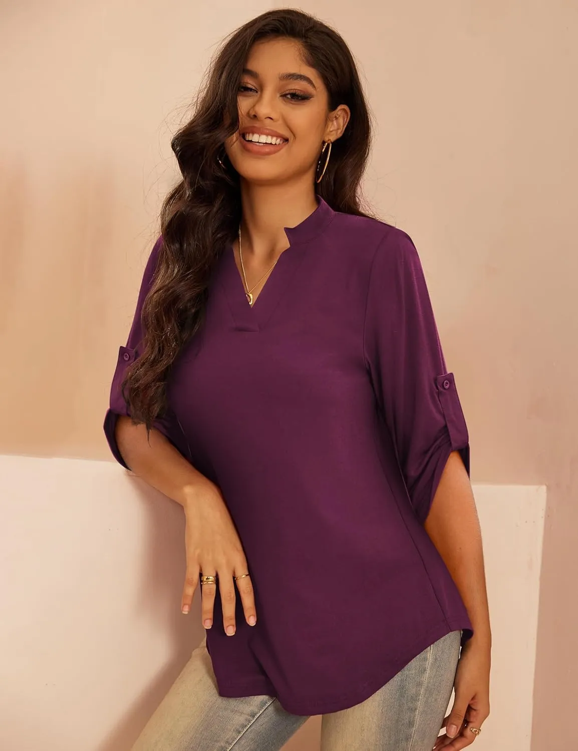 a.Jesdani Women's Plus Size Tops 3/4 Roll Sleeve Shirts V Neck Blouses Tunic Top