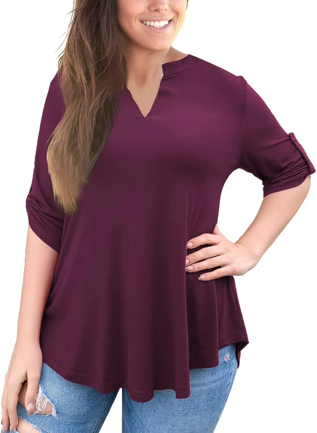 a.Jesdani Women's Plus Size Tops 3/4 Roll Sleeve Shirts V Neck Blouses Tunic Top