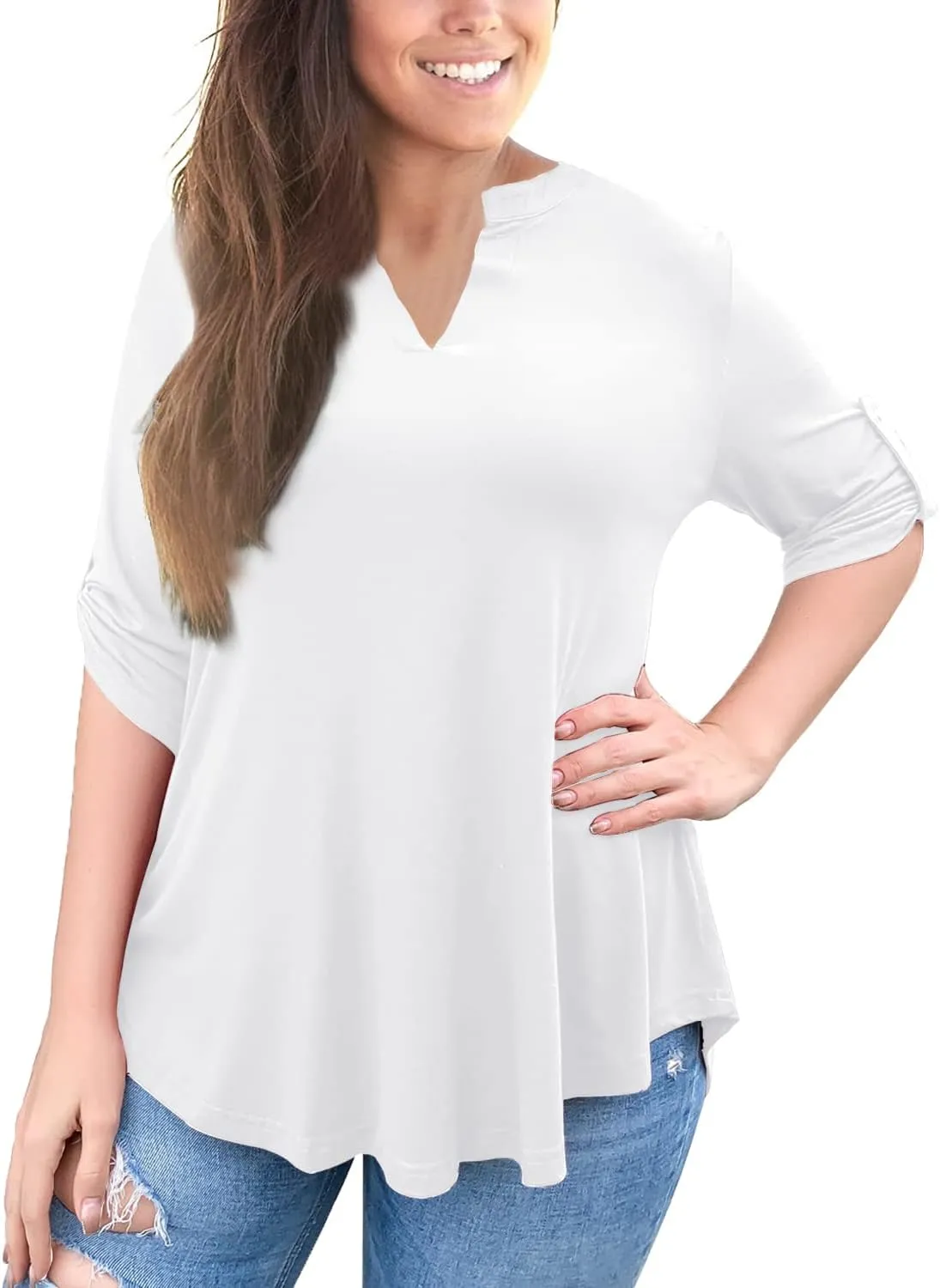 a.Jesdani Women's Plus Size Tops 3/4 Roll Sleeve Shirts V Neck Blouses Tunic Top