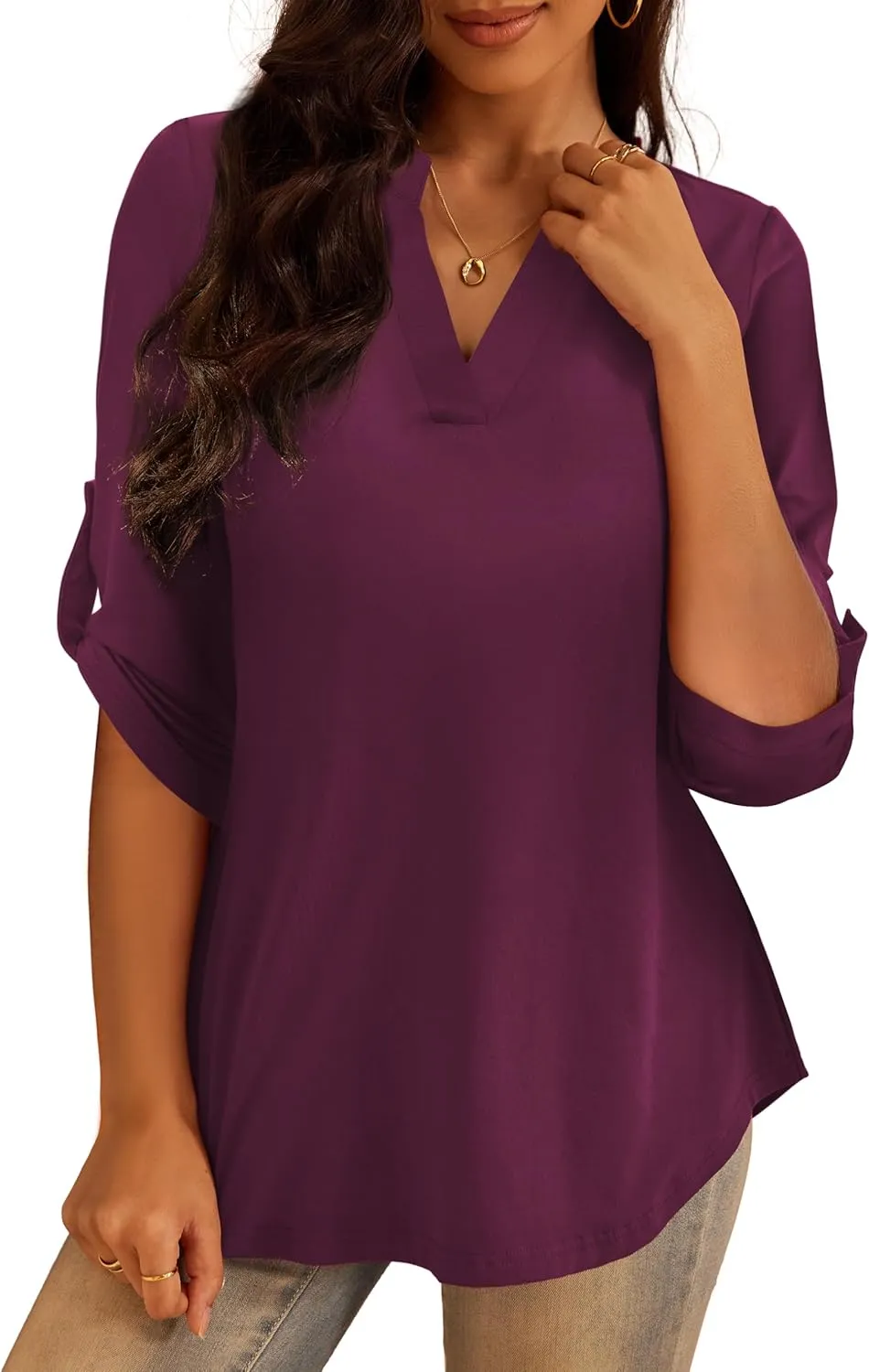 a.Jesdani Women's Plus Size Tops 3/4 Roll Sleeve Shirts V Neck Blouses Tunic Top