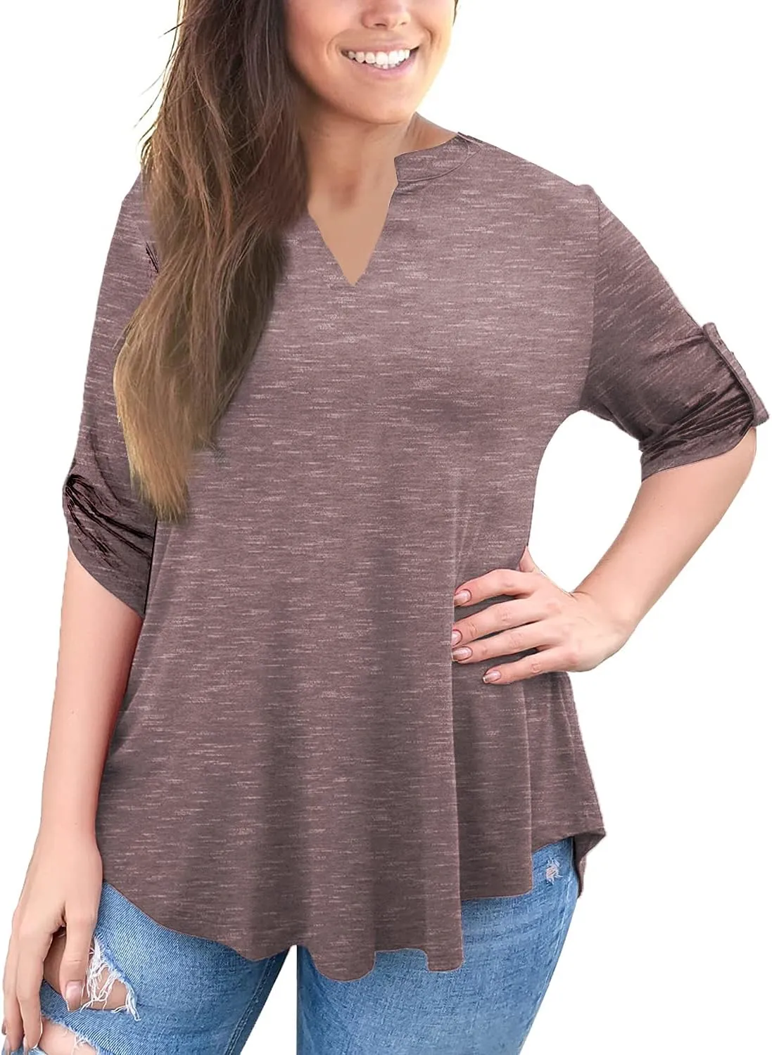 a.Jesdani Women's Plus Size Tops 3/4 Roll Sleeve Shirts V Neck Blouses Tunic Top