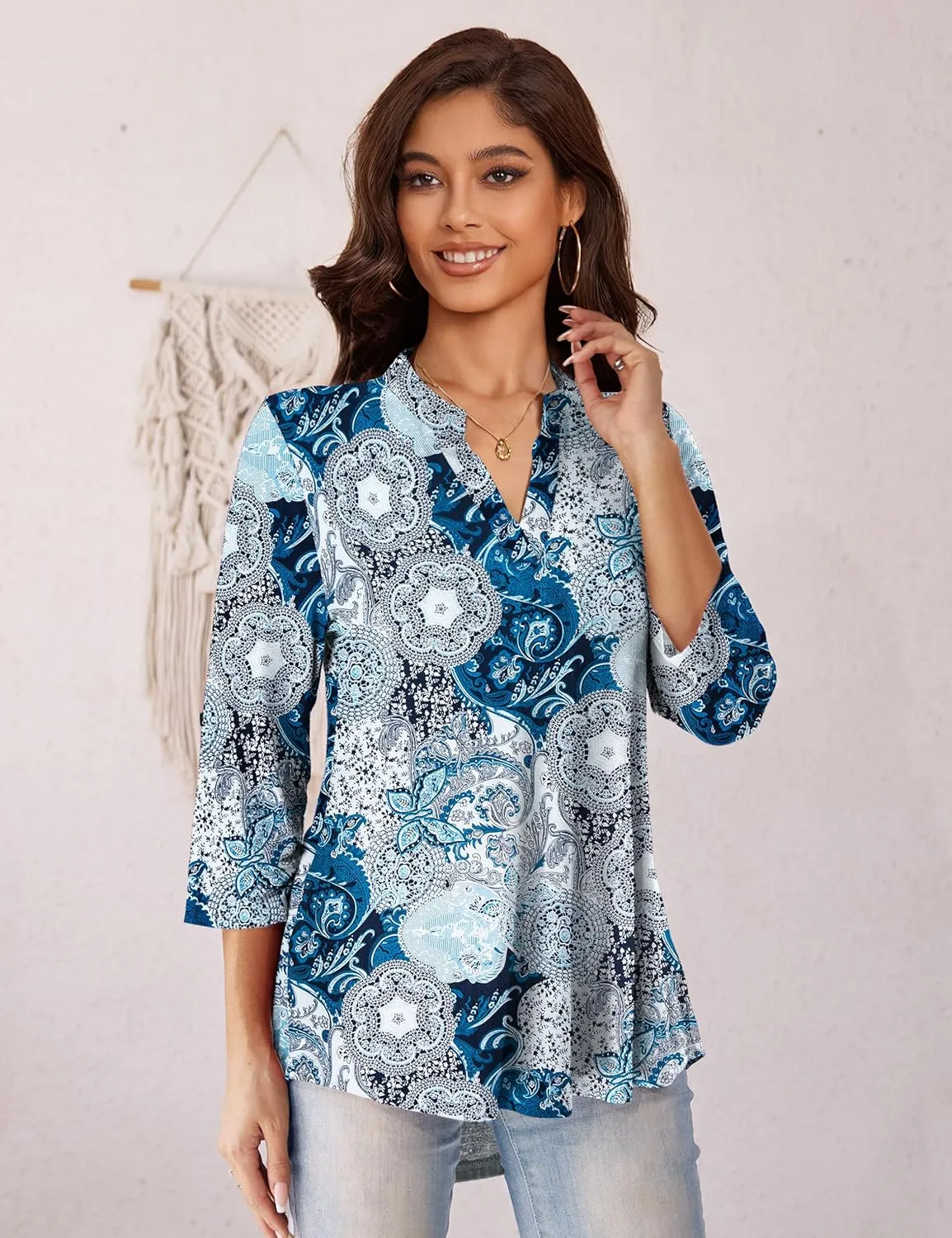 a.Jesdani Women's Plus Size Zip Front 3/4 Sleeve Shirts V Neck Blouses Tunic Top