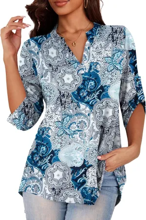 a.Jesdani Women's Plus Size Zip Front 3/4 Sleeve Shirts V Neck Blouses Tunic Top