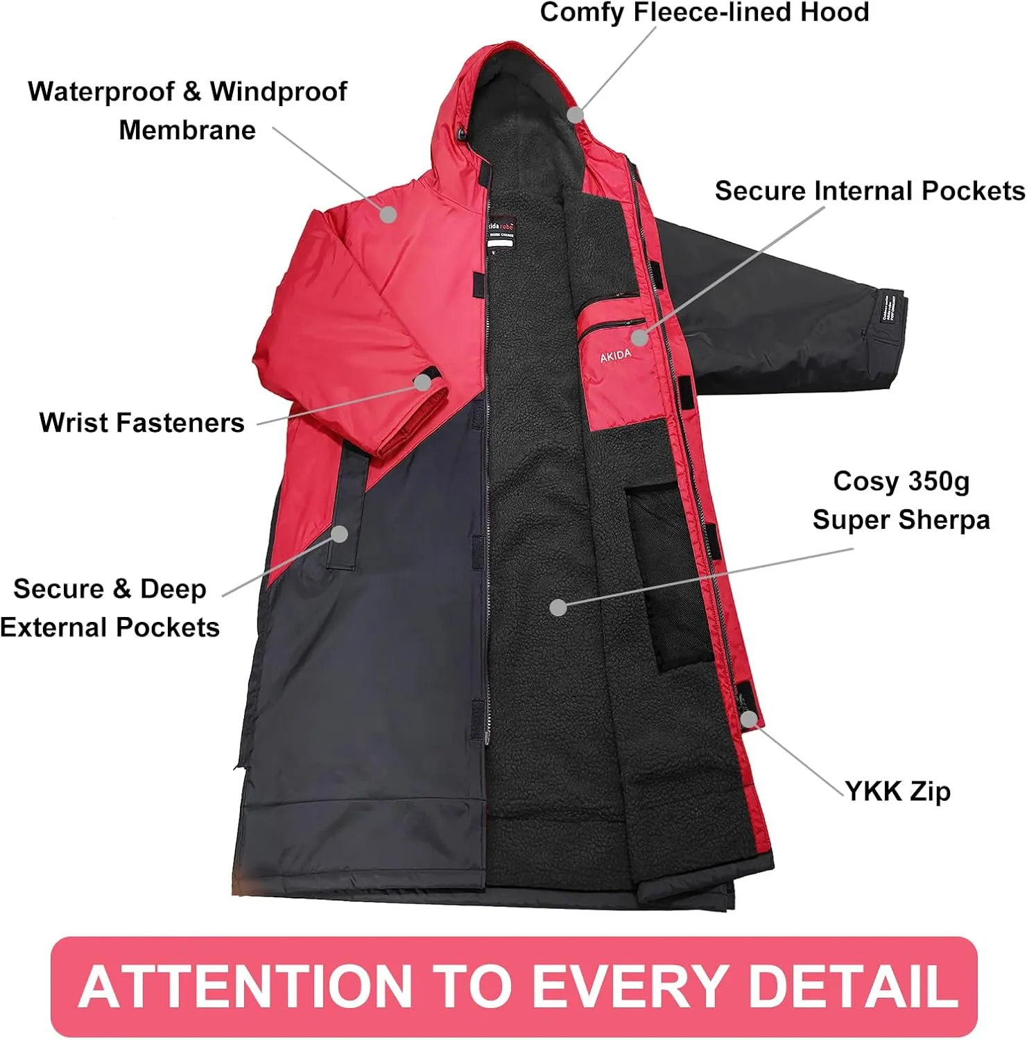 Akida Adult Oversized Changing Robe/Swim Parka,Waterproof Surf Poncho Warm Jacket,Quick Dry Wetsuit Changing Towel.