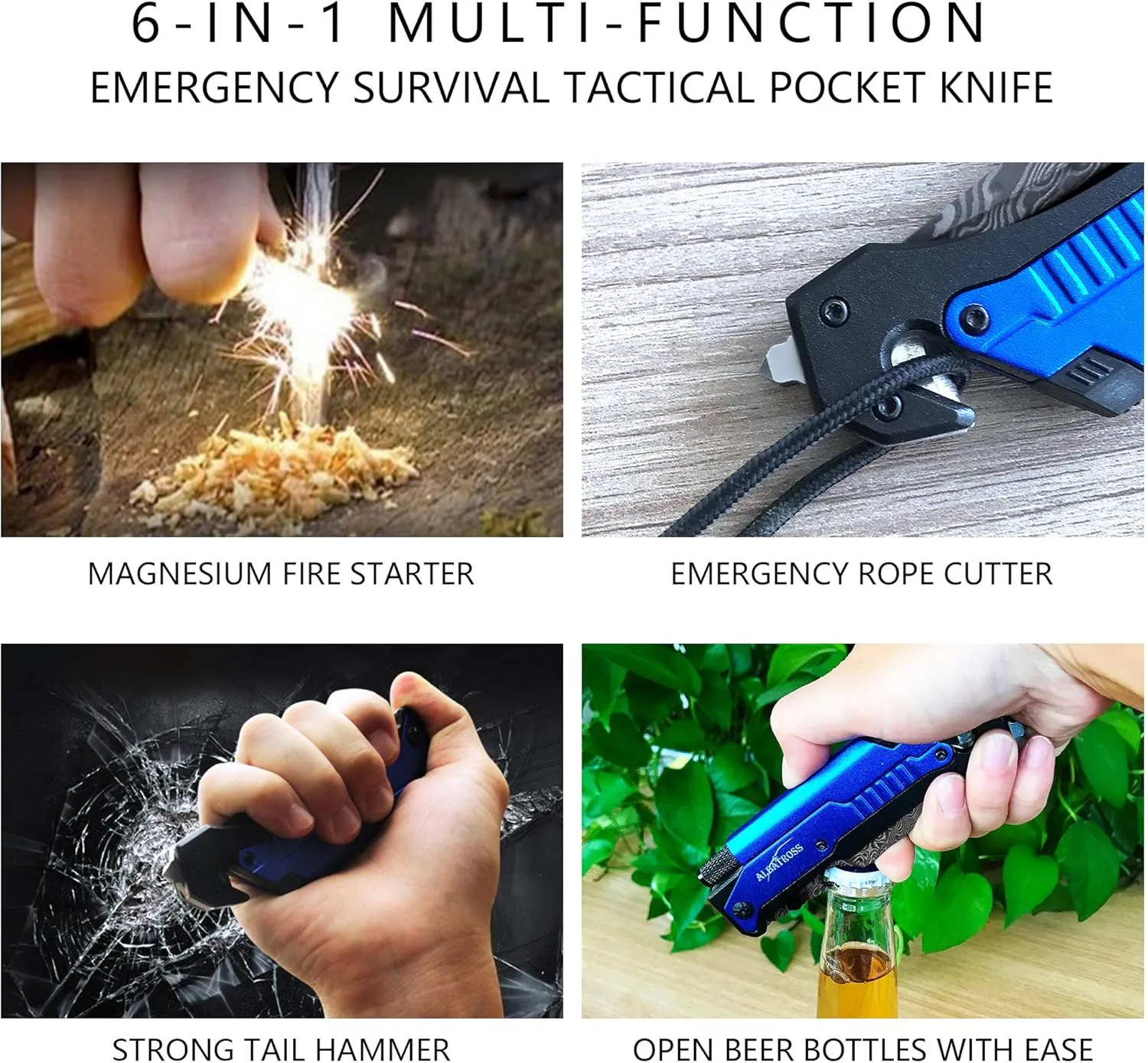 ALBATROSS 6-in-1 Modern Damascus Steel Folding Pocket Knives with LED Light,Seatbelt Cutter,Glass Breaker,Magnesium Fire Starter,Bottle Opener;Multi-Function Emergency Tool(Blue-da)