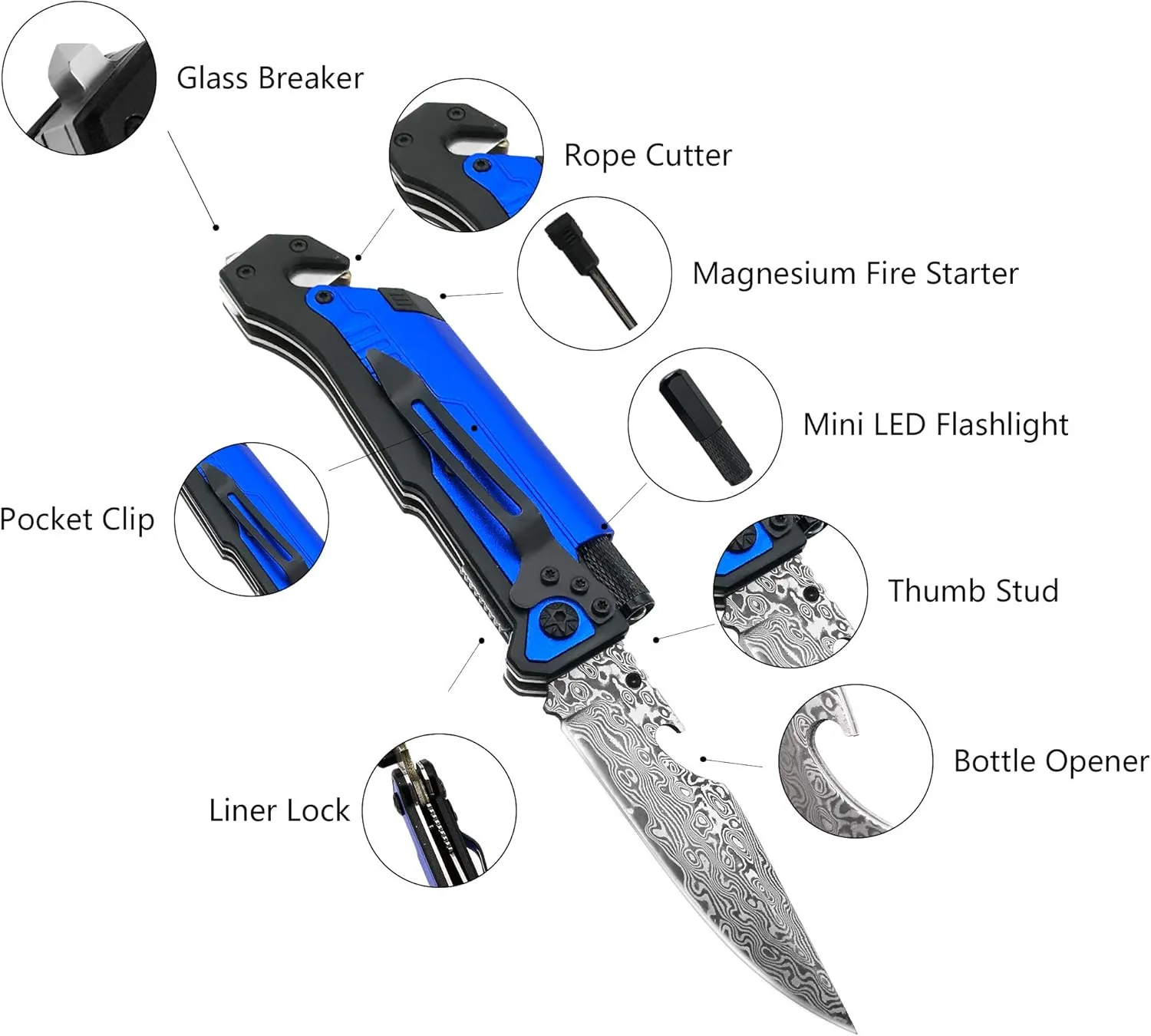 ALBATROSS 6-in-1 Modern Damascus Steel Folding Pocket Knives with LED Light,Seatbelt Cutter,Glass Breaker,Magnesium Fire Starter,Bottle Opener;Multi-Function Emergency Tool(Blue-da)