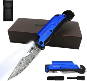 ALBATROSS 6-in-1 Modern Damascus Steel Folding Pocket Knives with LED Light,Seatbelt Cutter,Glass Breaker,Magnesium Fire Starter,Bottle Opener;Multi-Function Emergency Tool(Blue-da)