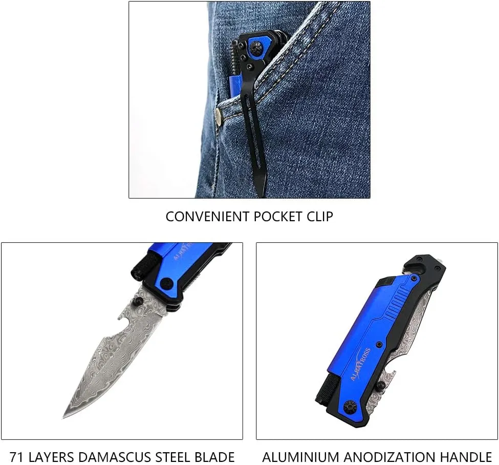 ALBATROSS 6-in-1 Modern Damascus Steel Folding Pocket Knives with LED Light,Seatbelt Cutter,Glass Breaker,Magnesium Fire Starter,Bottle Opener;Multi-Function Emergency Tool(Blue-da)