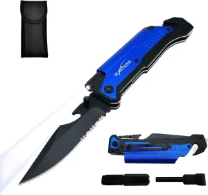 ALBATROSS 6-in-1 Survival Tactical Military Folding Pocket Knives with LED Light,Seatbelt Cutter,Glass Breaker,Magnesium Fire Starter,Bottle Opener;Multi-Function Emergency Tool(Blue)