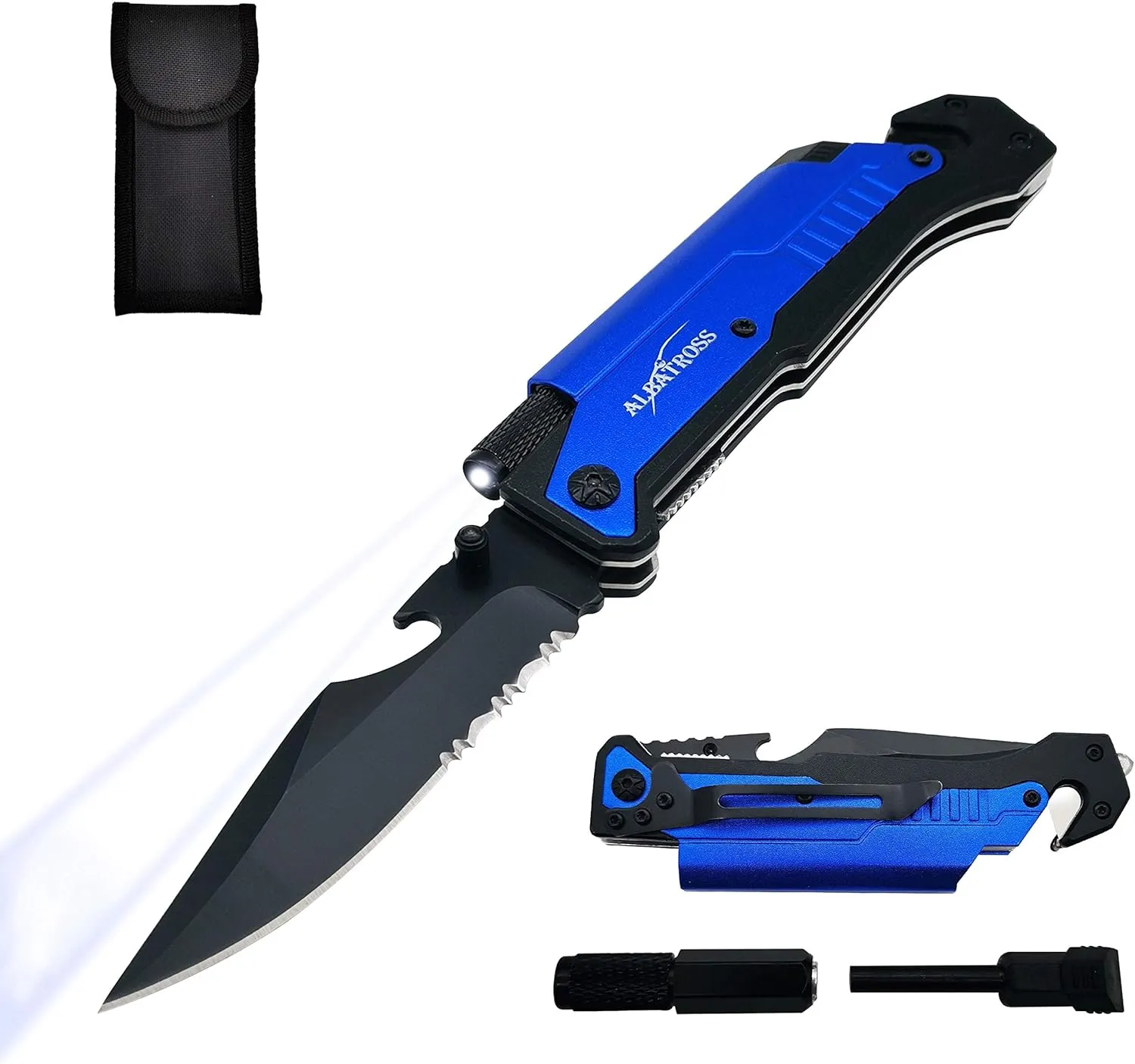 ALBATROSS 6-in-1 Survival Tactical Military Folding Pocket Knives with LED Light,Seatbelt Cutter,Glass Breaker,Magnesium Fire Starter,Bottle Opener;Multi-Function Emergency Tool(Blue)