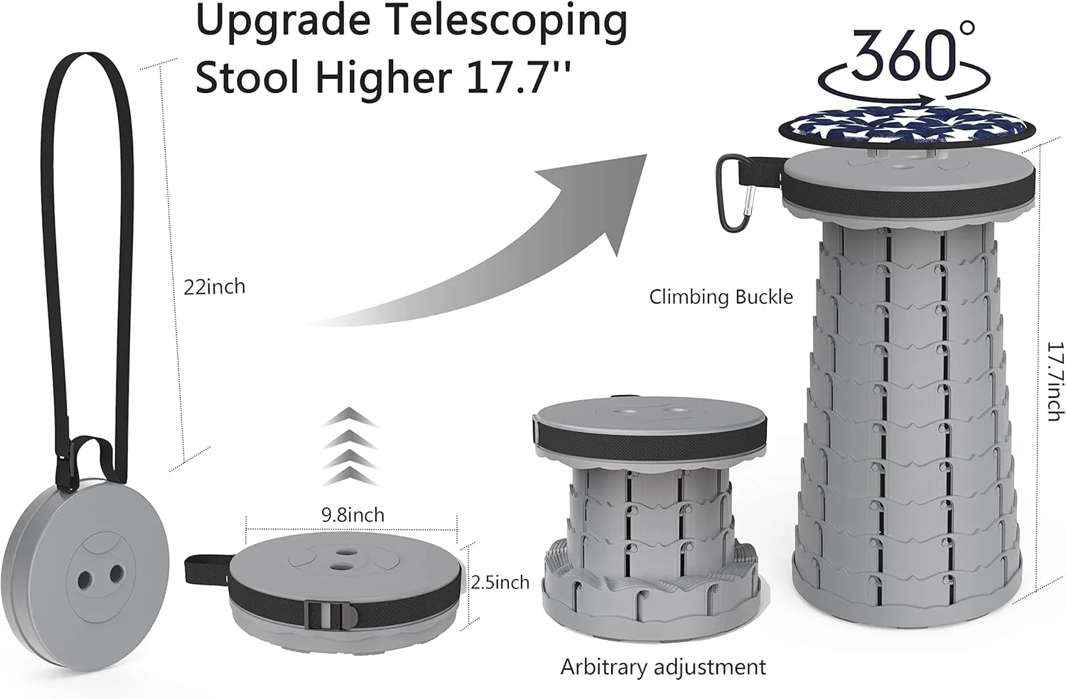 ALEVMOOM Portable Telescoping Stool Collapsible Stool with Cushion & Bag, Retractable Folding Stool for Adults Foldable Seat Sturdy Capacity 440 lbs for Camping Fishing Hiking BBQ