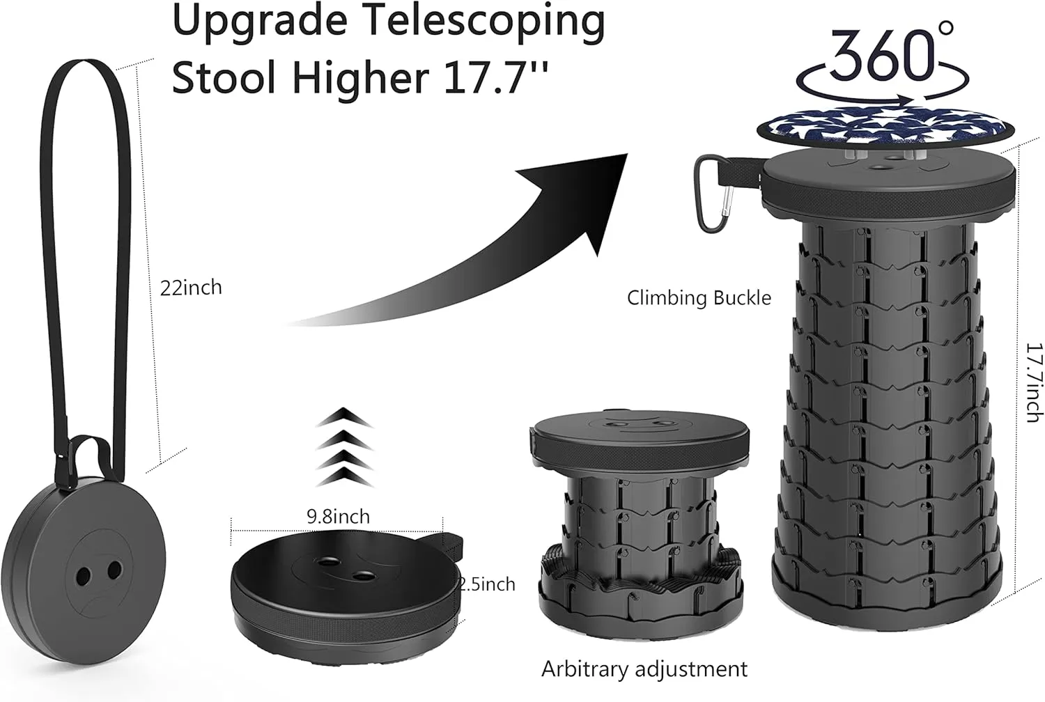 ALEVMOOM Portable Telescoping Stool Collapsible Stool with Cushion & Bag, Retractable Folding Stool for Adults Foldable Seat Sturdy Capacity 440 lbs for Camping Fishing Hiking BBQ