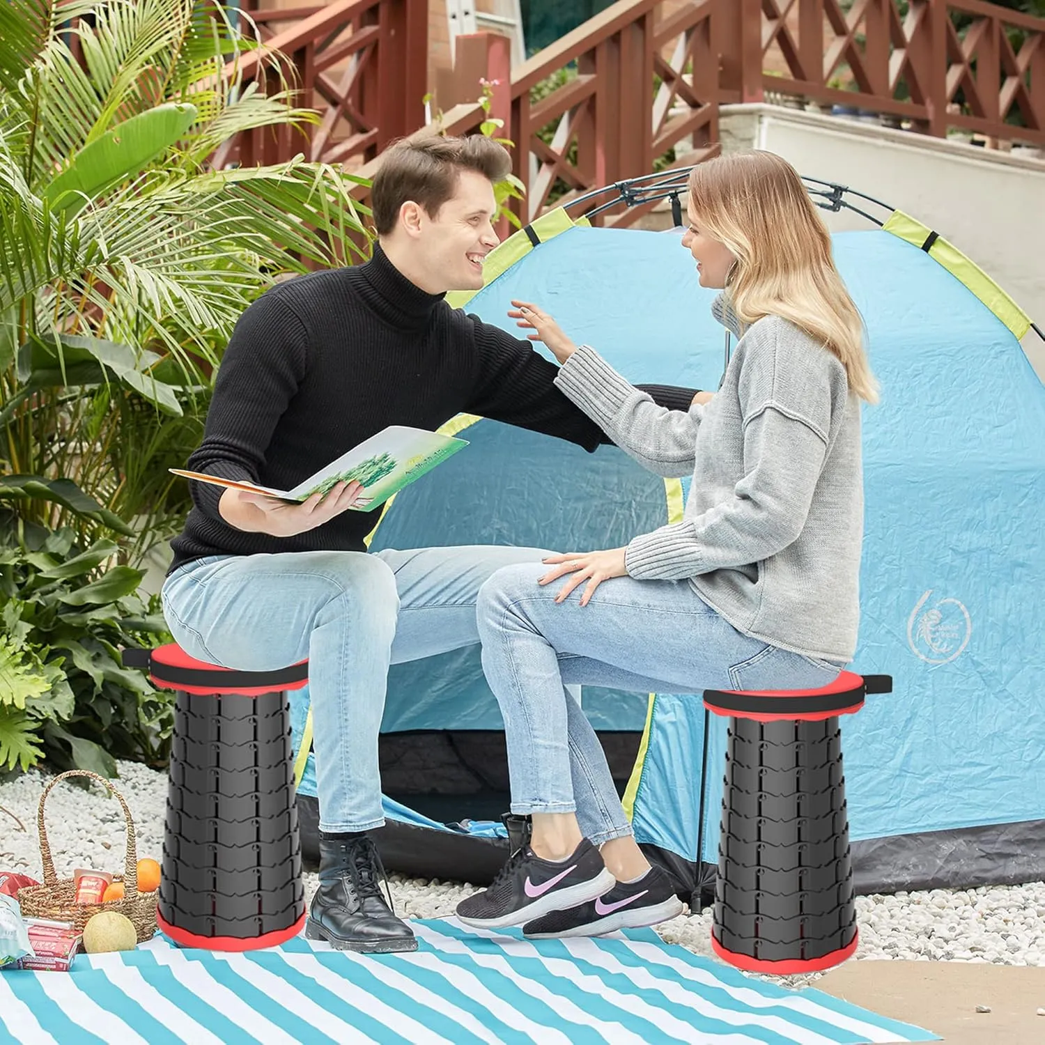 ALEVMOOM Telescoping Stool with Cushion, Portable Collapsible More Sturdy Capacity 440Ib, Retractable Collapsible Camping Adjustable Folding Stool for Hiking Garden BBQ