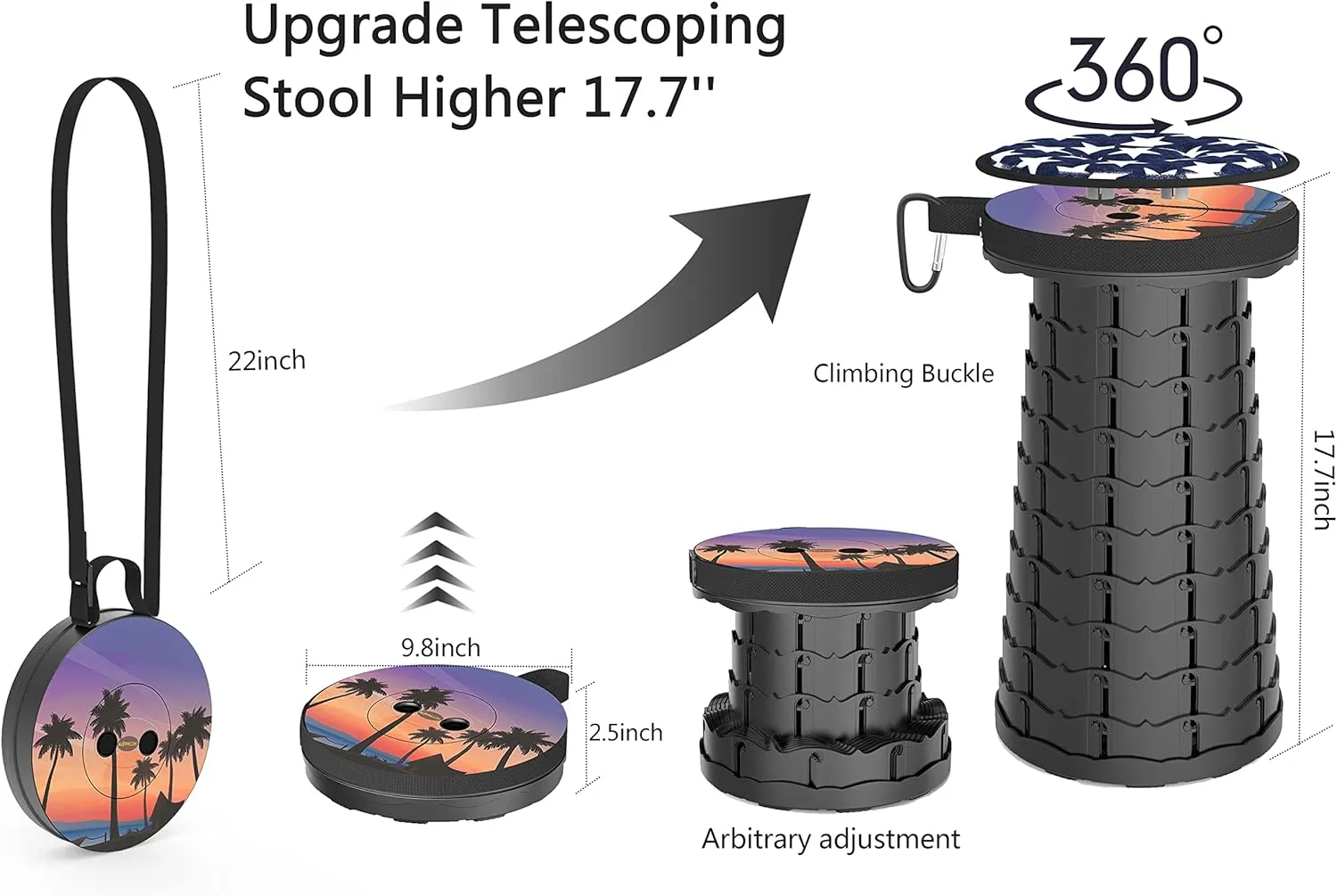 ALEVMOOM Upgraded Portable Collapsible Folding Stool with Cushion Retractable Telescoping Stool for Adults Sturdy Capacity 440lbs Camping Chair for Outdoor Hiking Garden BBQ with Bag