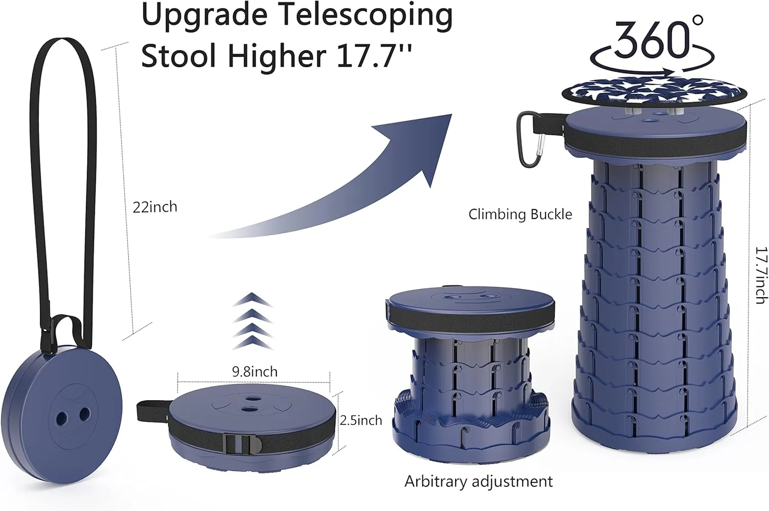 ALEVMOOM Upgraded Telescoping Stool Collapsible Stool with Seat Cushion & Bag, Retractable Folding Camping Stool for Adults Max Load 500lbs More Sturdy Lightweight for Fishing Hiking Gardening (Navy)