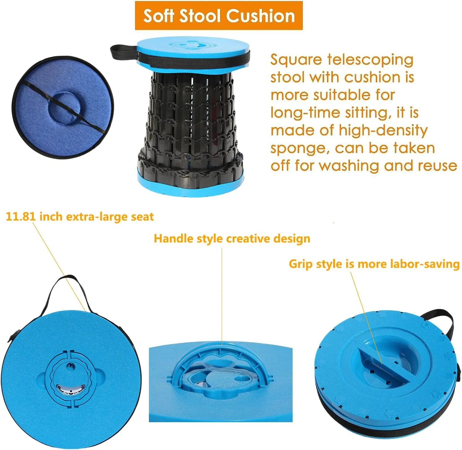 ALEVMOOM Upgraded XXL 50 Portable Collapsible Stool with Cushion,Telescoping Folding Stool for Adults,Yet More Sturdy Camping Stool with Load Capacity 1000lbs,for Outdoor Garden Hiking BBQ Blue