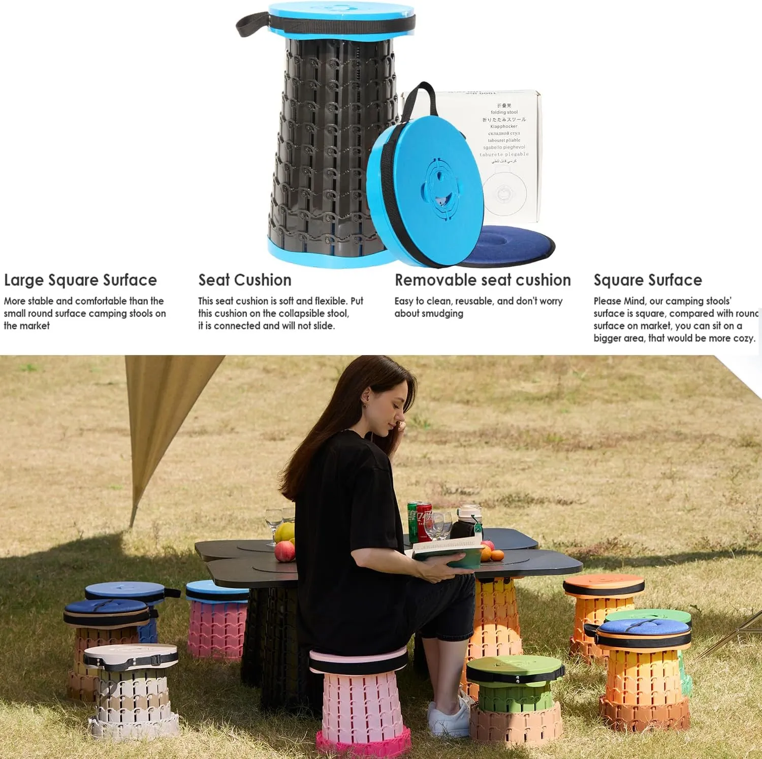ALEVMOOM Upgraded XXL 50 Portable Collapsible Stool with Cushion,Telescoping Folding Stool for Adults,Yet More Sturdy Camping Stool with Load Capacity 1000lbs,for Outdoor Garden Hiking BBQ Blue