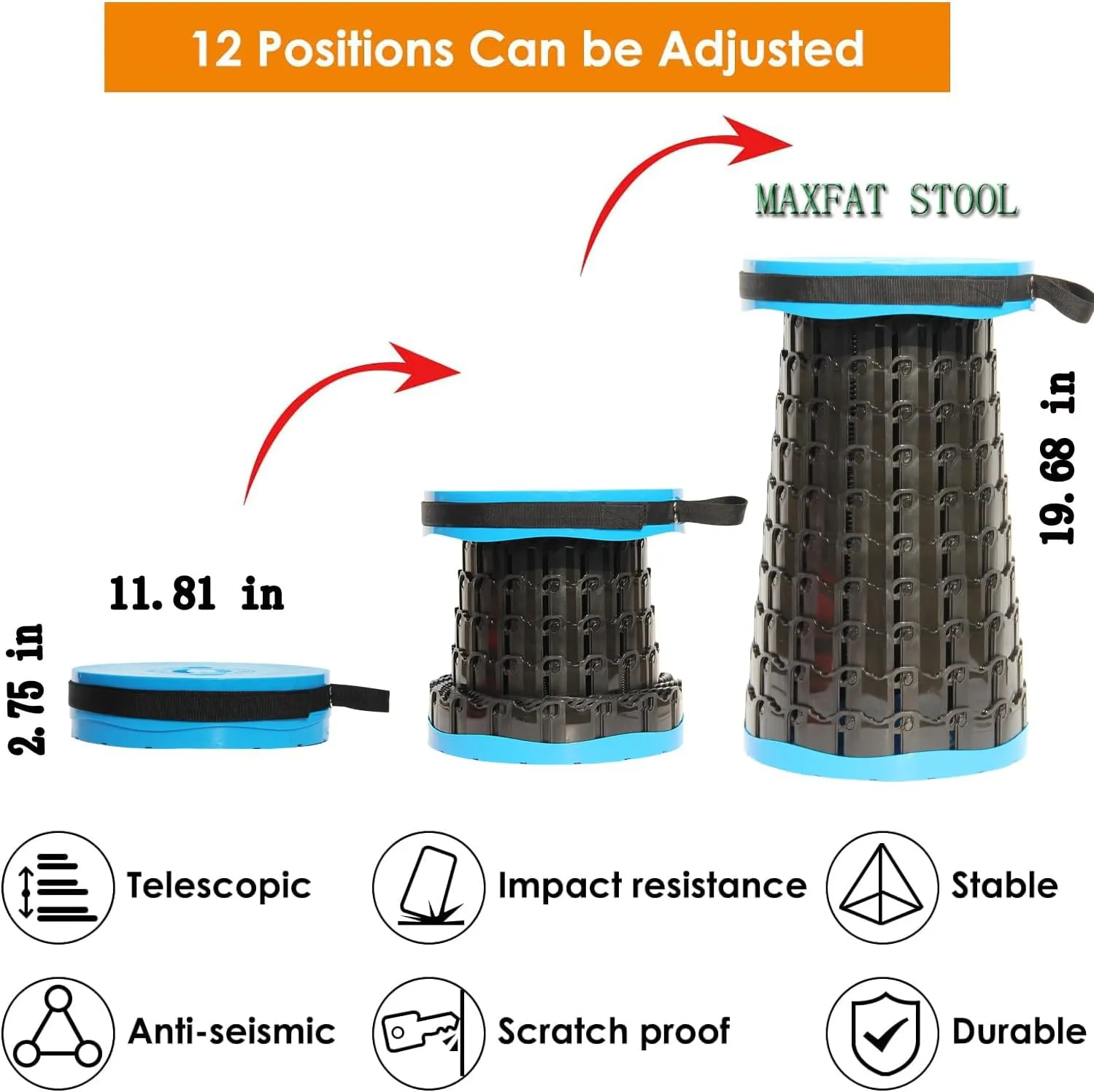 ALEVMOOM Upgraded XXL 50 Portable Collapsible Stool with Cushion,Telescoping Folding Stool for Adults,Yet More Sturdy Camping Stool with Load Capacity 1000lbs,for Outdoor Garden Hiking BBQ Blue