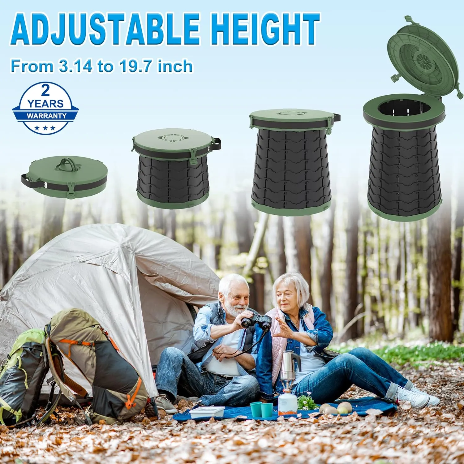 ALEVMOOM XXL Portable Toilet - 19.7" H Taller Wider Collapsible Foldable Camping Toilet with Lid, Strap, Bag - Adjustable for Camping, Hiking, Travel and Car