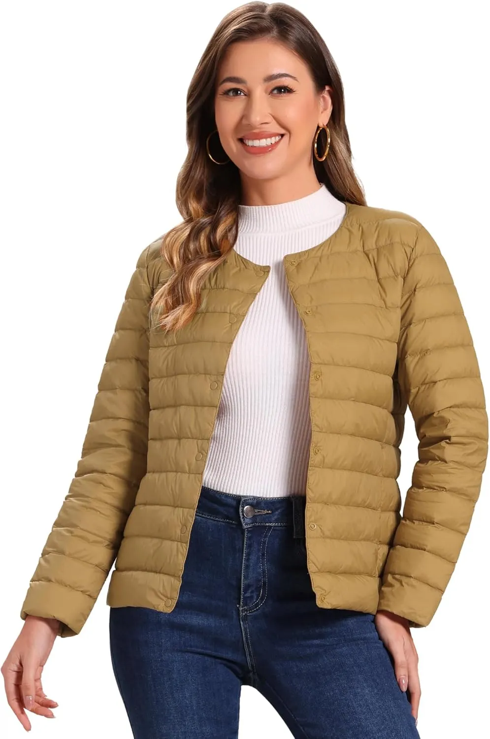 Allegra K Women's Puffer Jacket Lightweight Button Down Packable Long Sleeve Coat