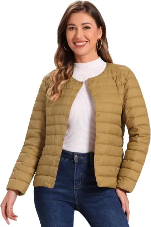 Allegra K Women's Puffer Jacket Lightweight Button Down Packable Long Sleeve Coat