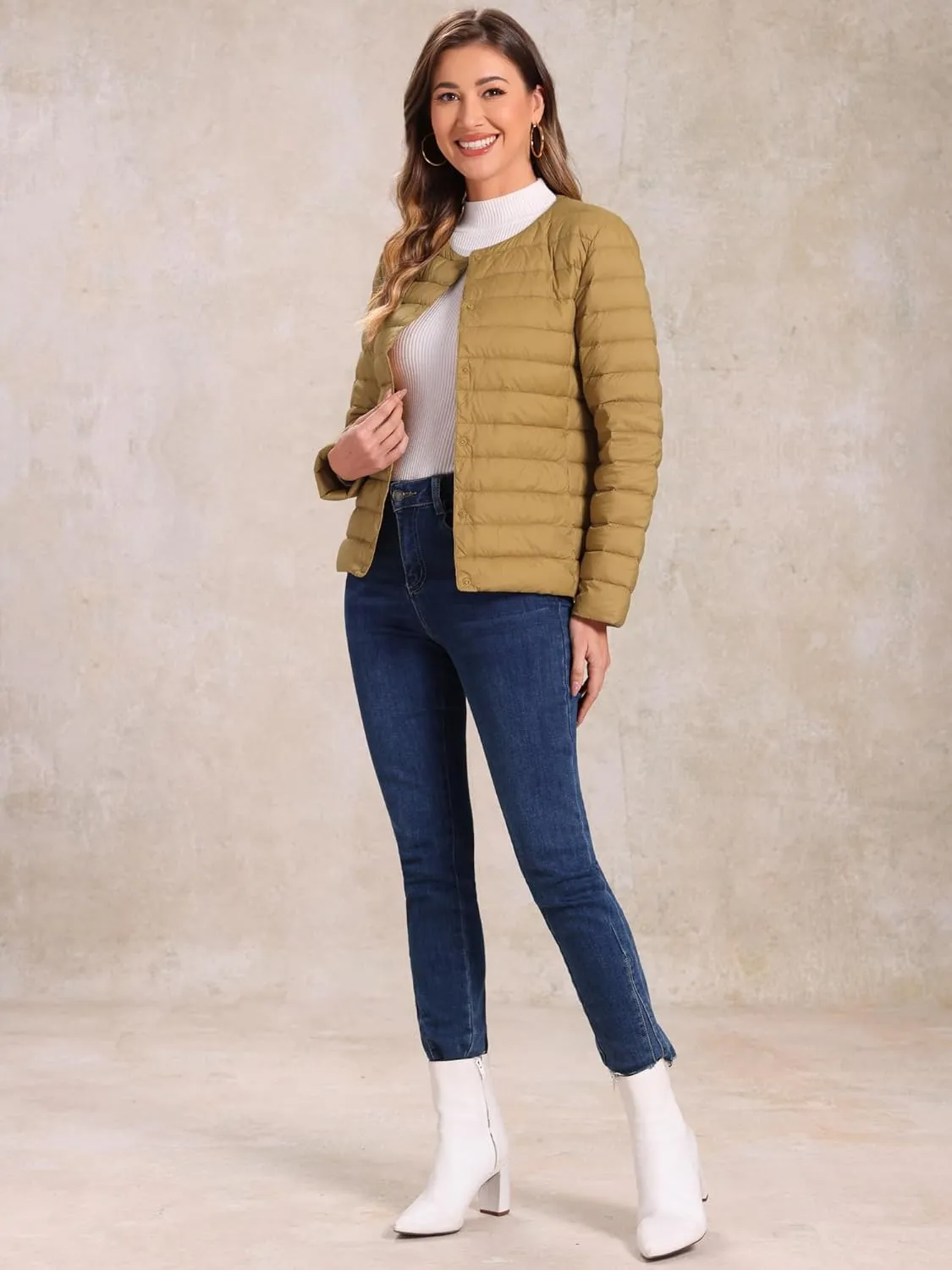 Allegra K Women's Puffer Jacket Lightweight Button Down Packable Long Sleeve Coat