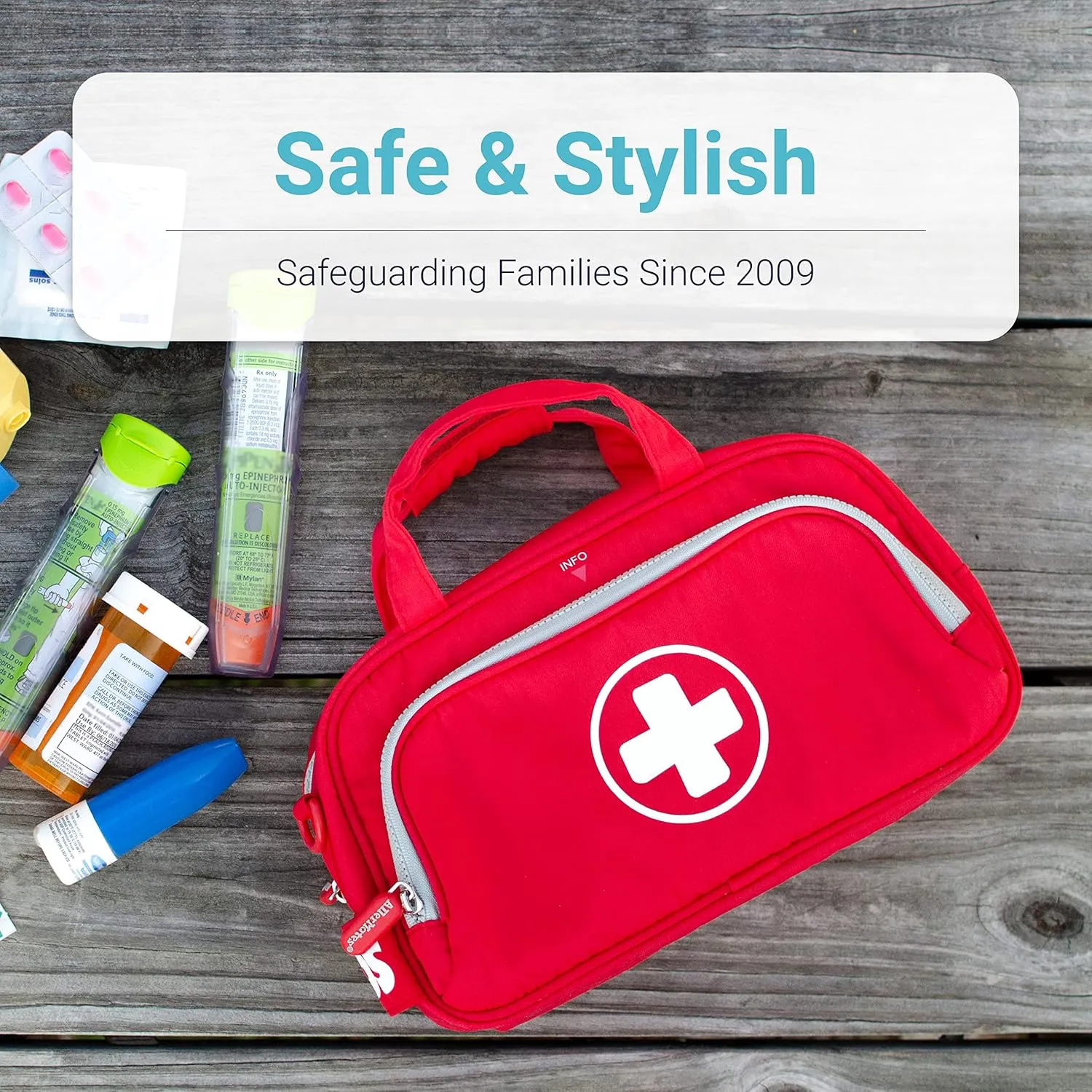 AllerMates Family Travel Essentials First Aid Empty Supplies Bag - Medicine Carry Case for Epi Pen, Insulin, Pill Bottle, Diabetic Aids, Asthma Spacer, Auvi Q, Allergy and Emergency Needs. (Blaze Red)