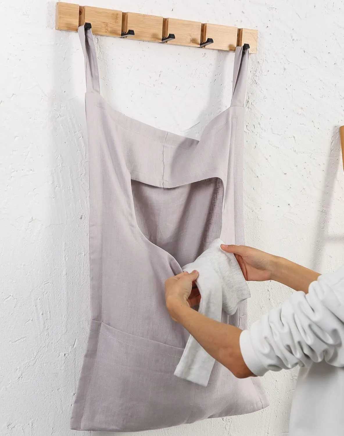 Amazhiyu Pure Linen Over The Door Laundry Hanging Hamper Bag with Bottom Zipper and Pockets Light Grey