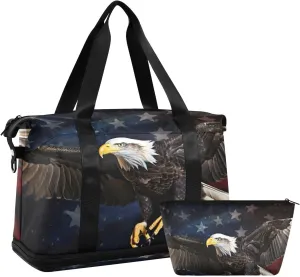 American Flag Falcon Sports Gym Bag with Waterproof Dry Wet Pocket, Travel Duffel Bag for Women Men，Workout Bag Fits Yoga, Swimming