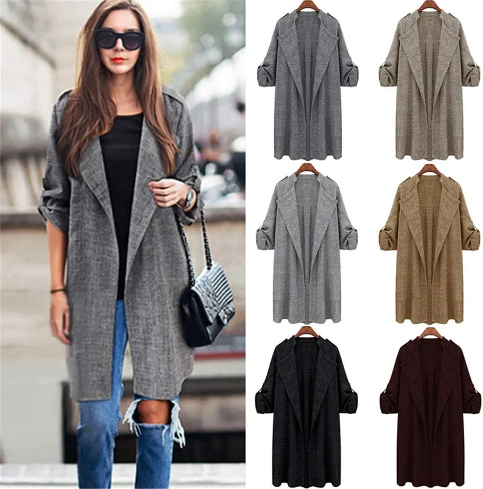 Andongnywell Women's Open Front Cardigan Lapel Trench Roll Up Sleeve Casual Waterfall Jackets Coat Outerwear Overcoat