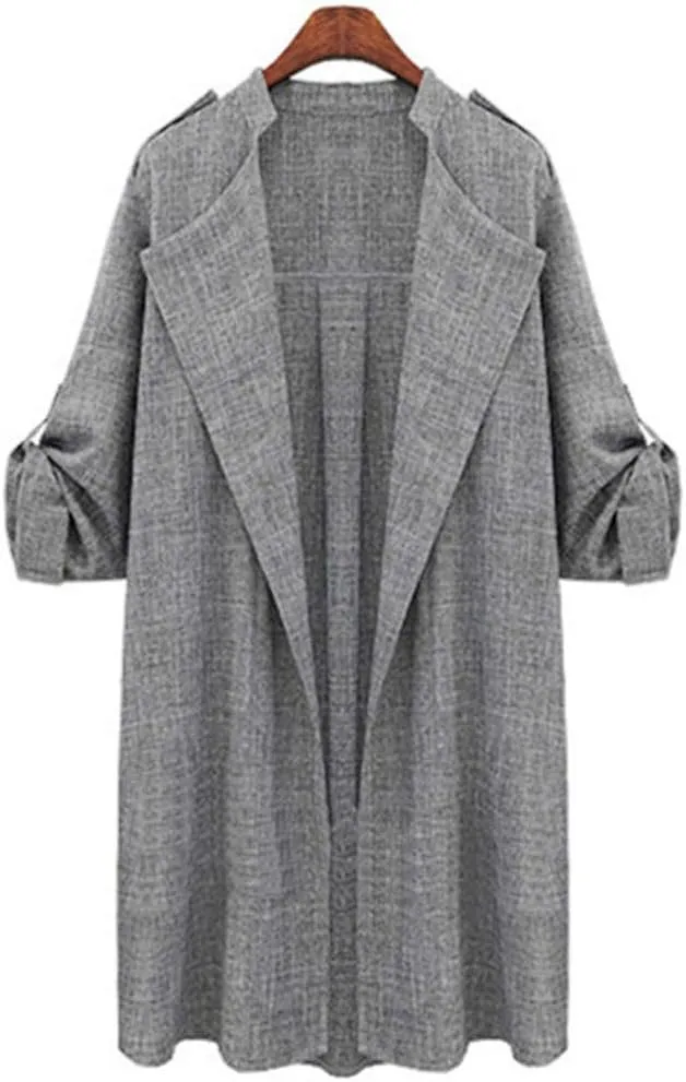 Andongnywell Women's Open Front Cardigan Lapel Trench Roll Up Sleeve Casual Waterfall Jackets Coat Outerwear Overcoat
