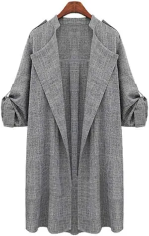 Andongnywell Women's Open Front Cardigan Lapel Trench Roll Up Sleeve Casual Waterfall Jackets Coat Outerwear Overcoat