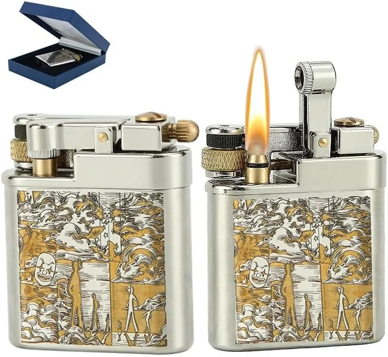 Antique Brass Lighter for Men,Flint Wheel Soft Flame, Vintage Lift Arm,Cool Collection Gift for Men,Gift Box Packaging(Silver 1)