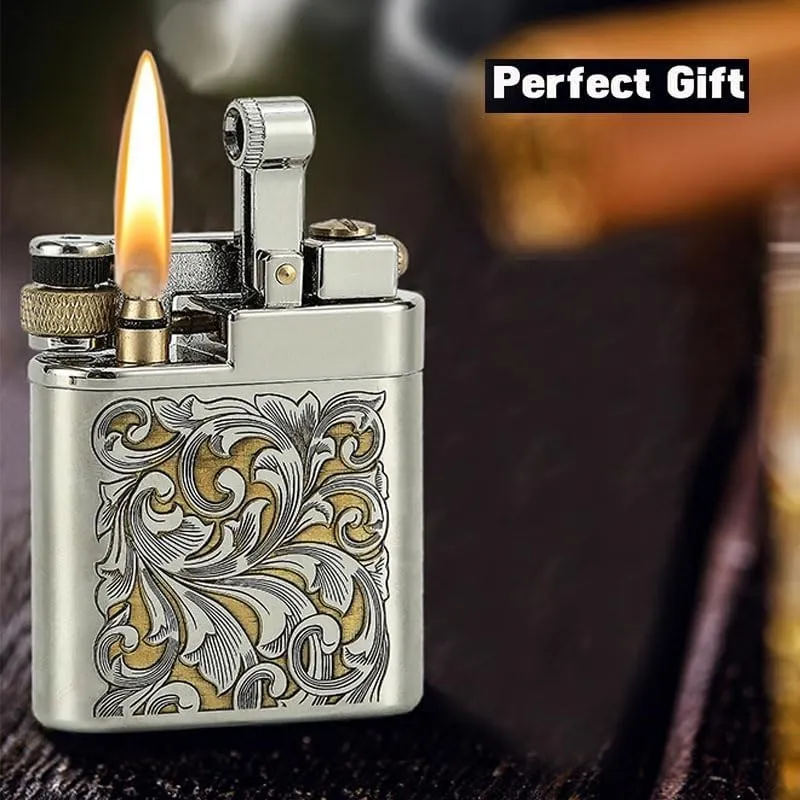 Antique Brass Lighter for Men,Flint Wheel Soft Flame, Vintage Lift Arm,Cool Collection Gift for Men,Gift Box Packaging(Silver 1)