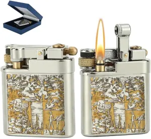 Antique Brass Lighter for Men,Flint Wheel Soft Flame, Vintage Lift Arm,Cool Collection Gift for Men,Gift Box Packaging(Silver 1)